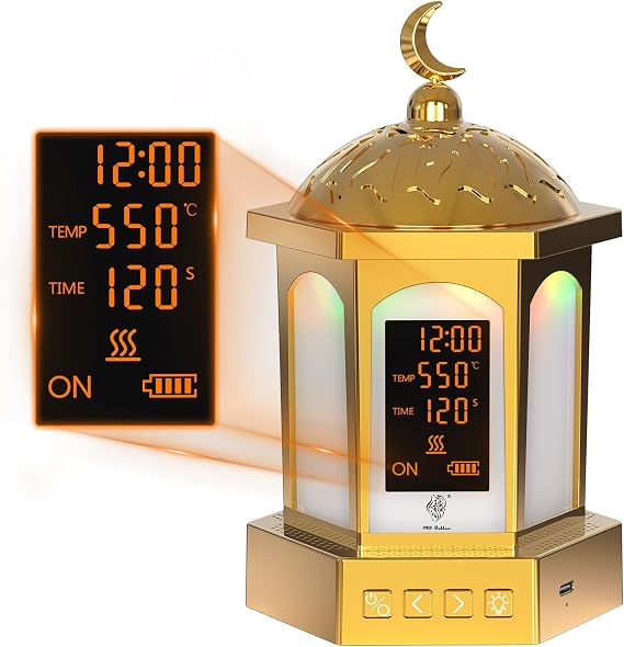Long-lasting Incense Bakhoor Burner Electric Aroma Diffuser, USB Arabic Incense Holder with LED Display 3 Temperature Settings (500℃/120s-300℃/300s) for Home Office - Muslim Islamic Home Dec