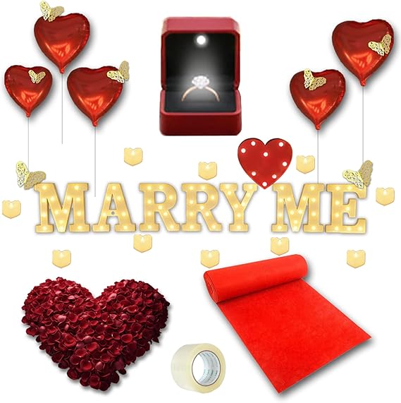 3051PCS Proposal Decorations Kit, Marry Me Light Up Letters, Light up Ring Box, Tea Lights Candles, Gold Butterfly, Rose Petals, Red Carpet Aisle Runner 16ft, Heart Balloons, Red Heart Shaped Light