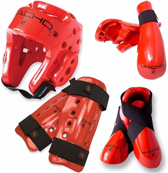 Macho Dyna 7 Piece Sparring Gear Set with shin Guards red Adult Small