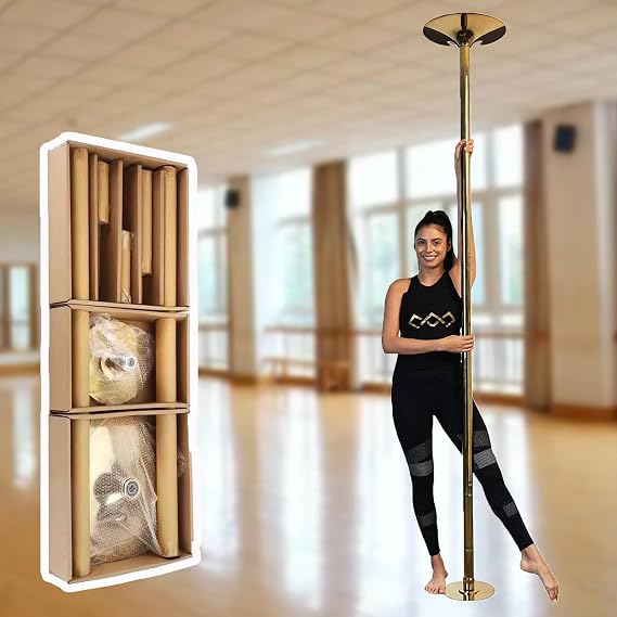Gold Spinning Static Dancing Pole for Yoga Room, Removable Stripper Steel Pole Apartment Friendly, Indoor Fitness Dance Tubo No Drilling