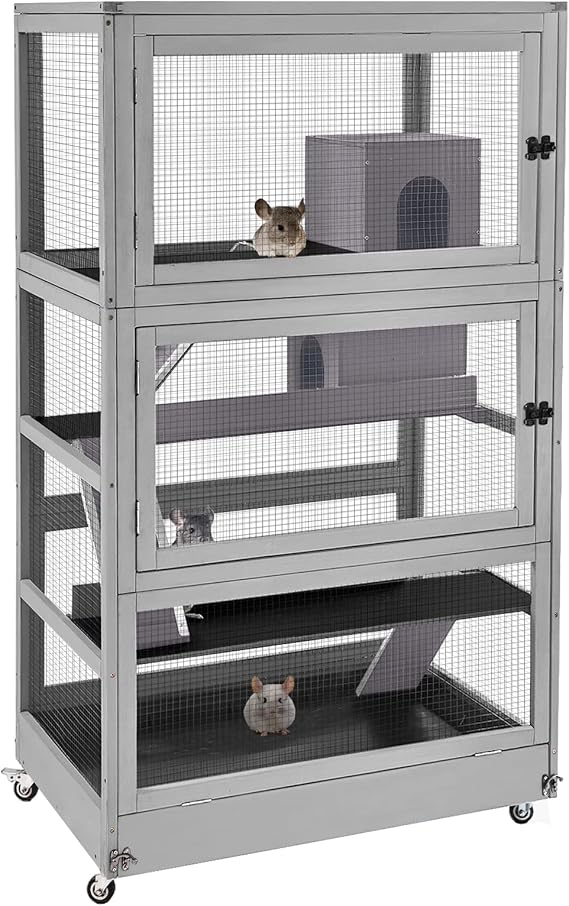 Aivituvin Chinchilla Cage Large Rolling Small Animal Cage for Adult Rats, 4 Level Ferret Cage Hutch for Ferret Bunny Indoor- Deluxe Home for Pets (Grey)