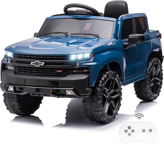 12V Electric Car for Kids,Licensed Chevy Silverado Truck Kids Ride On Car with Remote Control Battery Powered Electric Vehicle Toy Car, 4-Wheeler Suspension, Music& Lights, 3 Speeds(Blue)