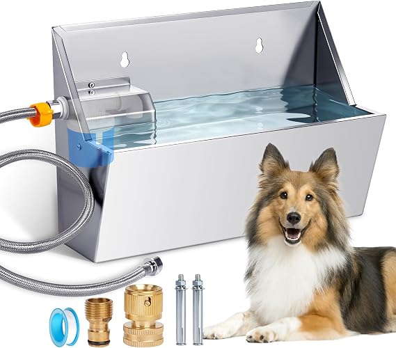 Automatic Dog Water Dispenser,2.1Gal Outdoor Dog Water Bowl with Float Valve,304 Stainless Steel Automatic Pet Waterer for Dog Cat Chicken Livestock (Drainage Hole)