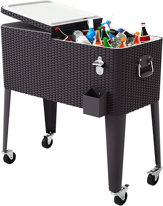 Giantex 80 Quart Rattan Rolling Cooler Cart Outdoor Patio Portable Party Drink Beverage Bar Cold Beach Chest Cart on Wheels, Brown Wicker, 32.7''(L) X18.9''(W) X43.3''(H)