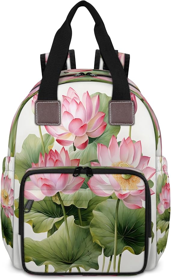 Lotus Flowers Diaper Bag Backpack for Women Waterproof Multi Function Travel Diaper Backpacks with USB Charging Port Anti Theft Bag, Pink Floral
