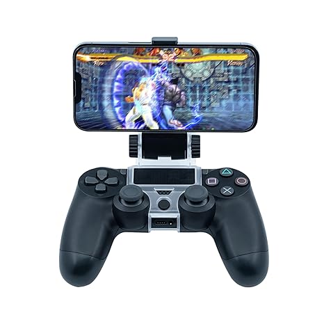 Mcbazel Phone Mount Clip for PS4 Controller, Smart Phone Holder Compatible with PS4 DualShock 4 Controller and iPhone, Android up to 6 Inch - Black | Click-lock installation All buttons & ports fully accessible Folds flat for travel PS4, Slim & Pro compatible