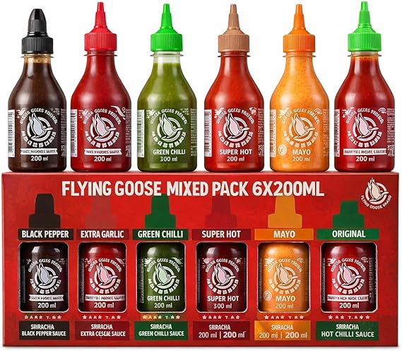 Flying Goose Mixed Pack Sriracha Sauce Set, 6 x 200ml, Black Pepper, Extra Garlic, Green Chilli, Super Hot, Mayo, Original