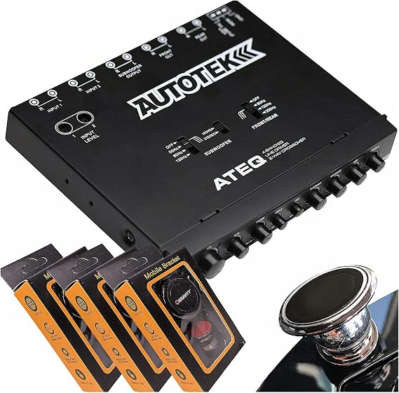 Autotek ATEQ 4-Band Audio Equalizer with Built-in 2-Way Crossover, 1/2 DIN, re-amp EQ with Front/Rear Active Crossover with 3 Gravity Magnet Phone Holder Bundle