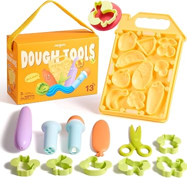Jar Melo Dough Tool Set, 13 Pcs Farm Dough Tools for Kids Ages 2+, Dough Accessories Includes Cutters, Roller, Safety Scissors, Animal Molds and Veggie Board. Preschool Arts & Crafts Toy