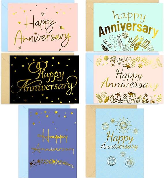 Fancy Land 12 Anniversary Cards with Envelopes Gold Foil Anniversary Bulk | for Couples, Wedding, Greeting Cards, Business Office, 6 Designs, 5 X 7