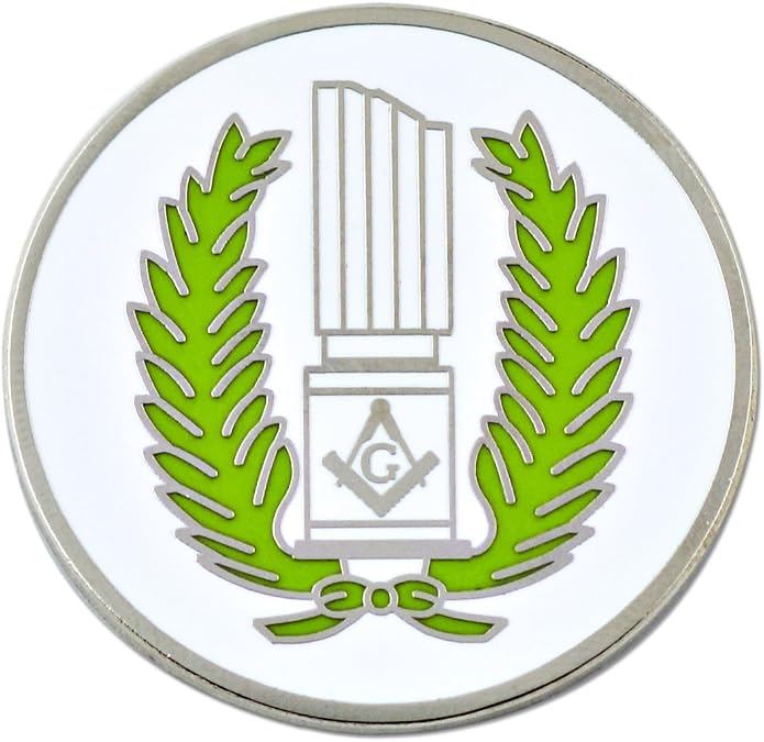 Wreathed Broken Column Masonic Lapel Pin - [White & Green][1 1/4'' Diameter]