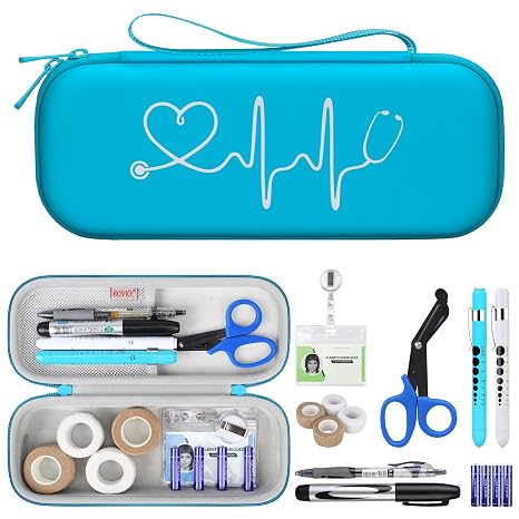 BOVKE 15 Pcs Stethoscope Case Sets Medical Supplies Include Stethoscope Case, Medical Scissors, 2 Penlights with Batteries, Bandage Wraps, Name Card Holder for Nursing School Tool Kits, Blue