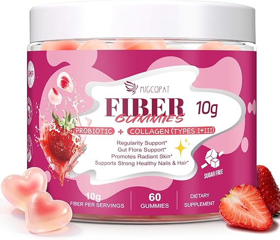 Migcopat 10G Fiber Gummies with Collagen Peptides, Hyaluronic Acid, Vitamin C, ACV, 30 Billion CFU Probiotics Sugar Free Collagen Gummy for Skin, Hair & Nails Digestive Health Support 60 Cts