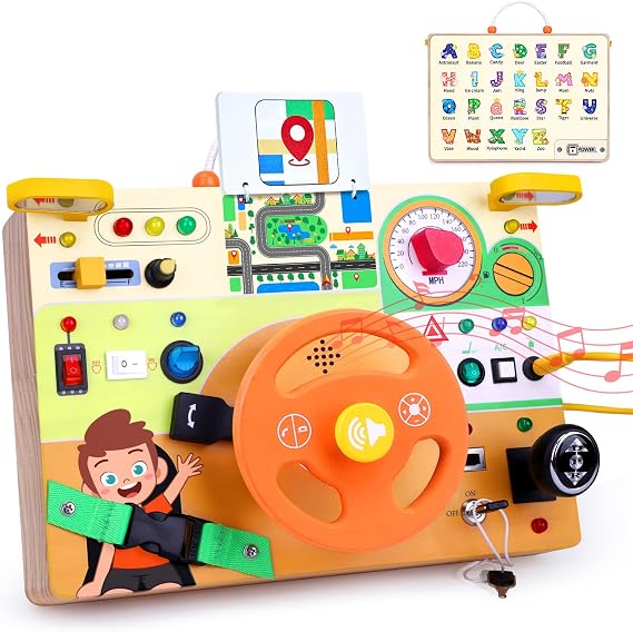 Busy Board,Montessori Toys for 1-3 Year Old Boys & Girls,Travel Activities for Toddlers,Sensory Toy for Kids with Autism,Perfect Christmas Birthday Gift Idea (Busy Board v6)