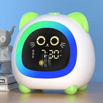 Alarm Clock for Kids, Ok to Wake Clock for Kids with Eye Protection Sleep Training Auto Off Feature 10 Night Light Dual Alarm for Bedroom, Kids Alarm Clock Green Cat Gifts for Girls