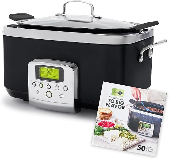 GreenPan Elite 8-in-1 Programmable 6 Quart Electric Slow Cooker, GlassLid & Removable Crock, PFAS-Free Healthy Ceramic Nonstick Multi-Cooker,Sear, Saute/Brown,Roast Black + Slow Cooker Cookbook