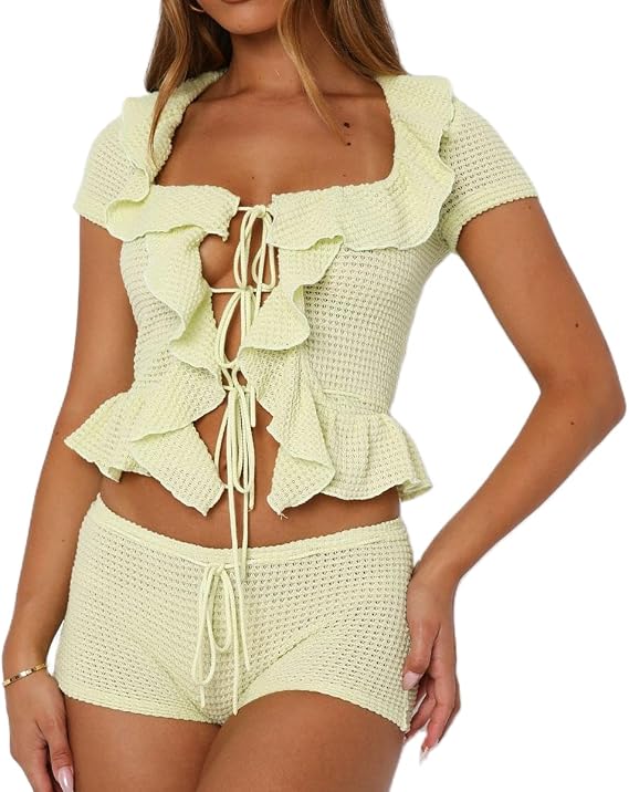 DSORVICD Women Boho Crochet Knit 2 Pieces Outfits Y2k Tie-up Hollow Out Shirts Ruffle Hem Slim Shorts Cover Up Beachwear