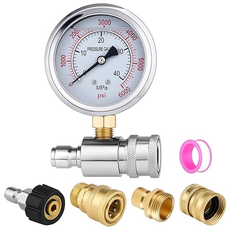 Pressure Washer Gauge Kit, 0-6000 Psi, 3/8" Qc, M22-14 | Stainless Steel Gauge, Brass Adapters, Dual Psi/Mpa Dial, Fits Gas/Electric Washers, Garden Hose Quick Connect