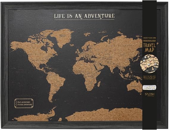 Splosh Large Maps. World Map Pin Board in Black, Wooden Frame. World Map Cork Board with 100 Pins in 2 Colours to Mark Your Past and Future Adventures. Framed World Maps for Wall. (Black)