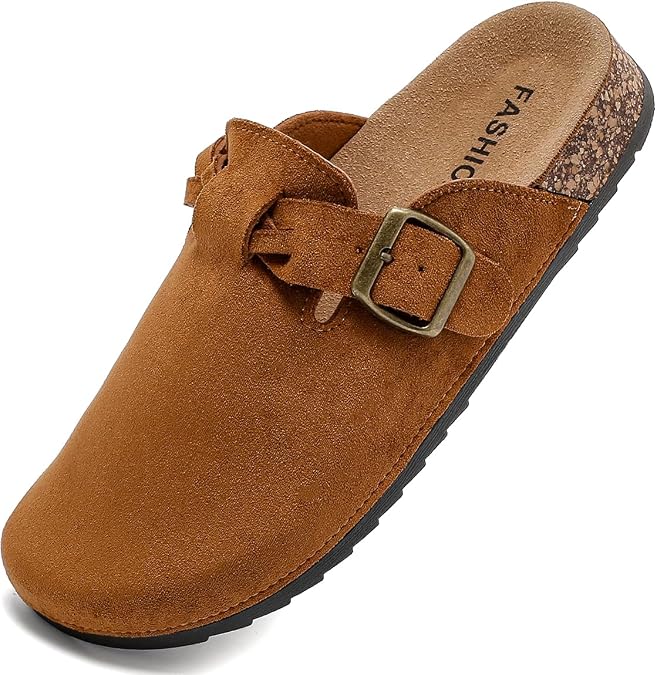 Women's Suede Clogs, Cork Footbed Leather Mules, Slip-On Potato Shoes
