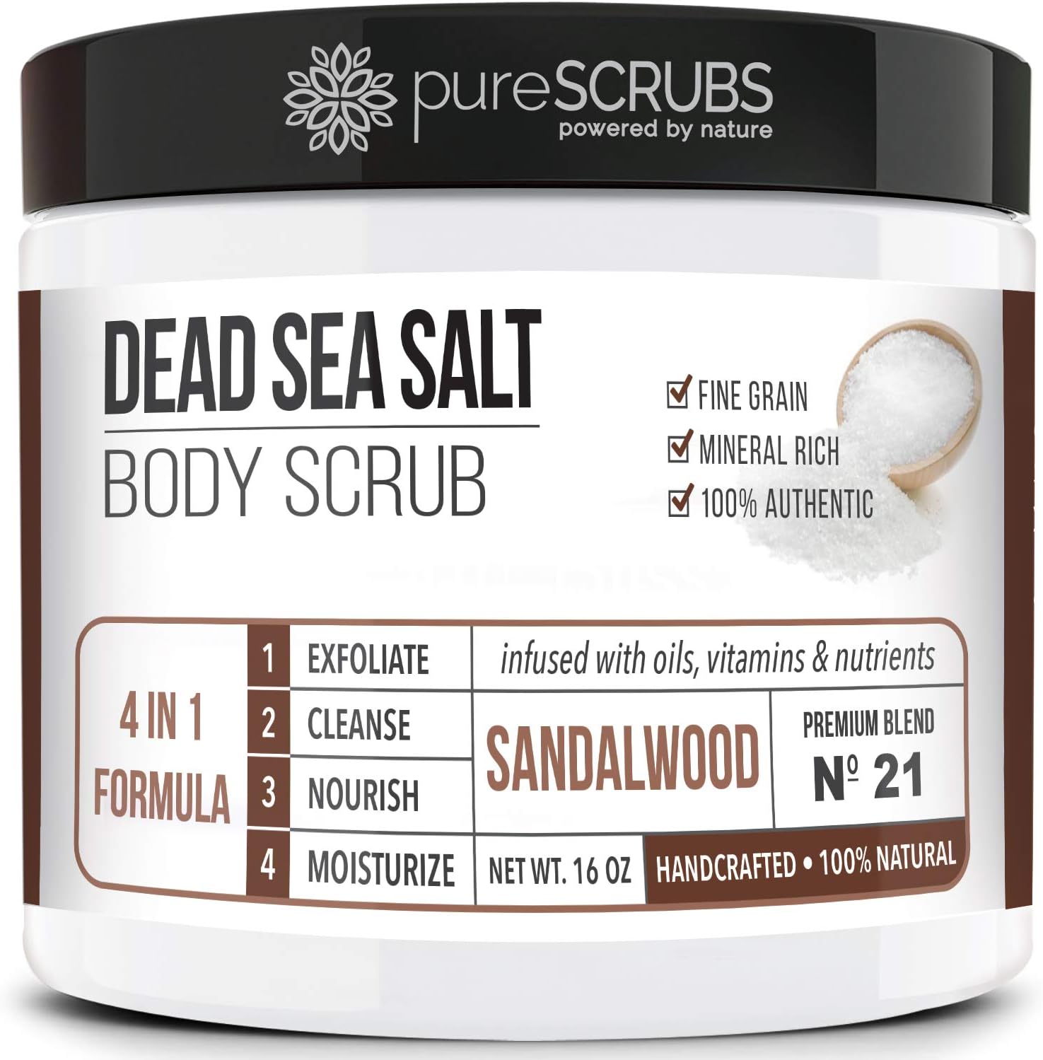 pureSCRUBS Premium Organic Body Scrub Set Large 16oz Sandalwood Body Scrub - Dead Sea Salt Infused Organic Essential Oils & Nutrients Includes Wooden Spoon, Loofah & Mini Organic Exfoliating Bar Soap