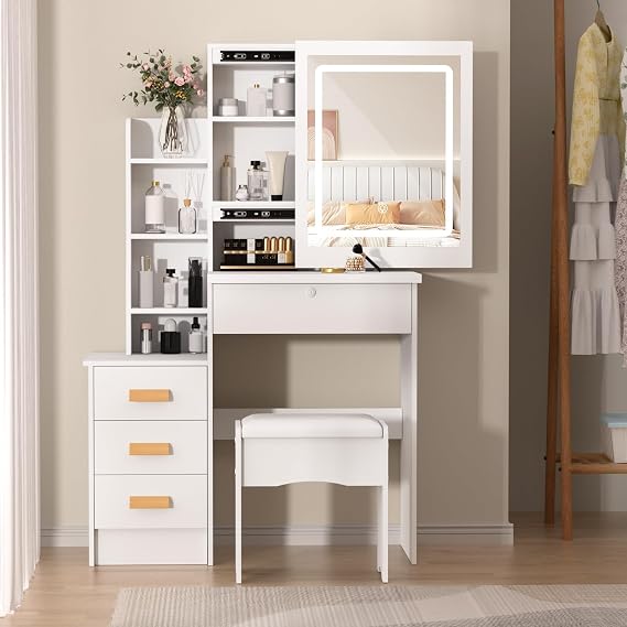 tinysiry Makeup Vanity Desk,Dressing Table with Sliding Mirror & 3 color light,Vanity Table Makeup Table Whtie Makeup Desk for Bedroom Stool Included White