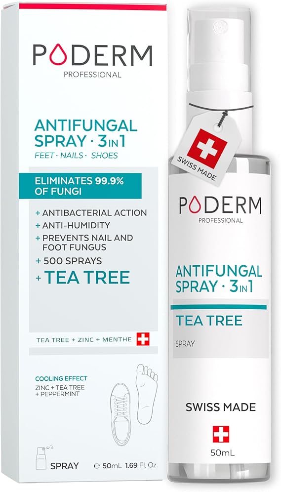 PODERM 3-in-1 Antifungal Spray for Nails, Feet & Shoes | Helps Eliminate 99.9% of Foot Fungus & Bacteria in 1 Hour | Tea Tree, Zinc & Mint | Swiss Made | Developed by a Podiatrist