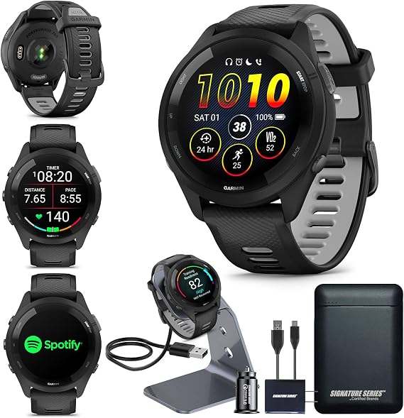 Garmin Forerunner 265 Advanced Multisport Touchscreen Smartwatch, Black | Heart Rate Monitor, Training Stats, Daily Suggested Workouts, Up to 13 Day Battery Life with Signature Series Power Bundle
