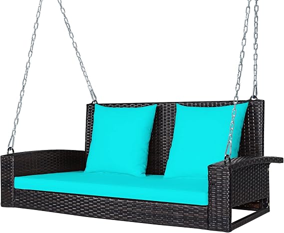 Tangkula 2-Person Wicker Hanging Porch Swing, Patiojoy Outdoor Rattan Swing Bench W/ 2 Back Cushions & 1 Seat Cushion, Sturdy Steel Chain, 800lbs Weight Capacity, Suitable for Deck, Backyard, Garden