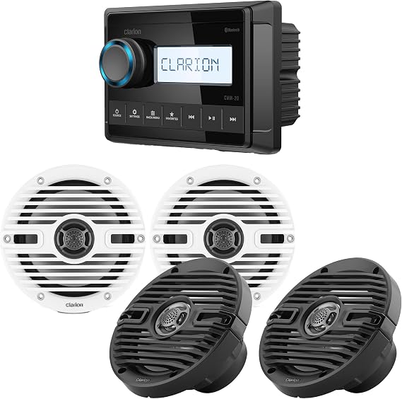 Clarion CMM-20 CMS-651-CWB 6.5 in 2-Speaker Marine Bundle | CMM-20 marine source unit with LCD display, two CMS-651-CWB 6.5 in coaxial speakers and classic grilles.