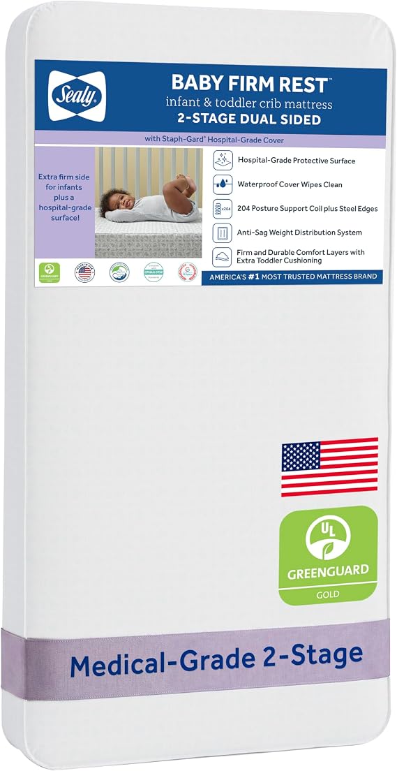 Sealy Baby 2 Stage Infant Crib Mattress Plus Toddler Bed Fit, Breathable, Resistant to Stain Cover, Dual Firmness & Lightweight, Firm Rest, Aqua