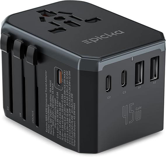 EPICKA Universal Travel Adapter GaN 45W, European Travel Plug Adapter with PD&QC Fast Charging(2 USB-A & 3 USB-C Ports) - Worldwide Travel Essentials, International Power Adapter for UK/US/AU (Black)