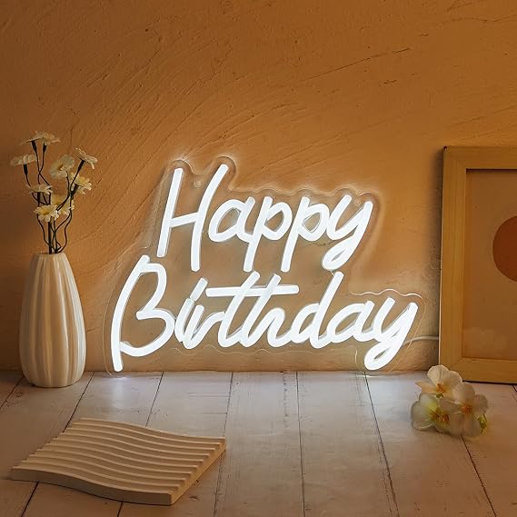 Chi-buy Happy Birthday LED Neon Sign Wall Art, White Neon Lights for Wall Decor, USB Powered Neon Signs for Party, Birthday, Bedroom, Living Room, Gift for Boys and Girls