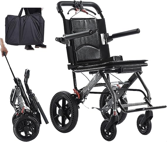 Lightweight Wheelchair for Adults, Only 18lbs, Ultralight Folding Transport Chair with Telescopic Handle, Carry Bag Included, Ideal for Seniors,Black,Black Frame