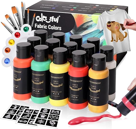 Colorful Permanent Fabric Paint, 14 Colors Soft Fabric Paint in Bottles (30ml/1oz) with Brushes, Palette, Non-Toxic Textile Paint for Creative DIY Clothes, T-Shirts, Shoes Art and Crafts