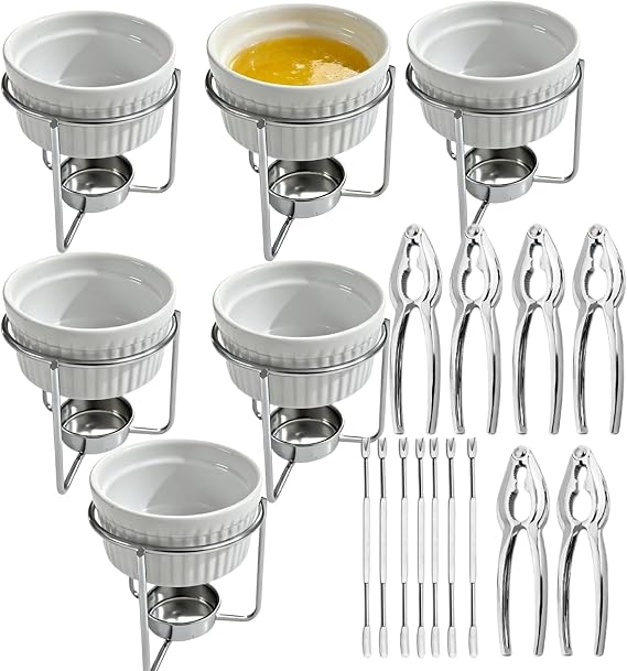 Seafood Butter Warmers, 19-Piece Butter Warmer Set Ceramic & Metal Heat-Resistant Melting Pots, Includes 6 Lobster Shellers & 7 Picks, Professional Crab Crackers and Tools(Candle Not Included)