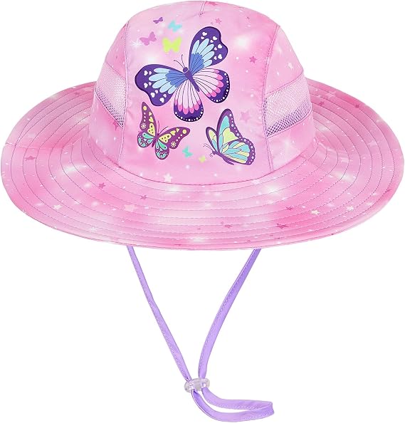 ICOSY Sun Hat for Kids Girls, UPF 50+ Wide Brim Beach Hat for Toddler | Kids Summer Bucket Hat with Ponytail Hole and Breathable Mesh Side for Cool Outdoor Park and Beach Trips