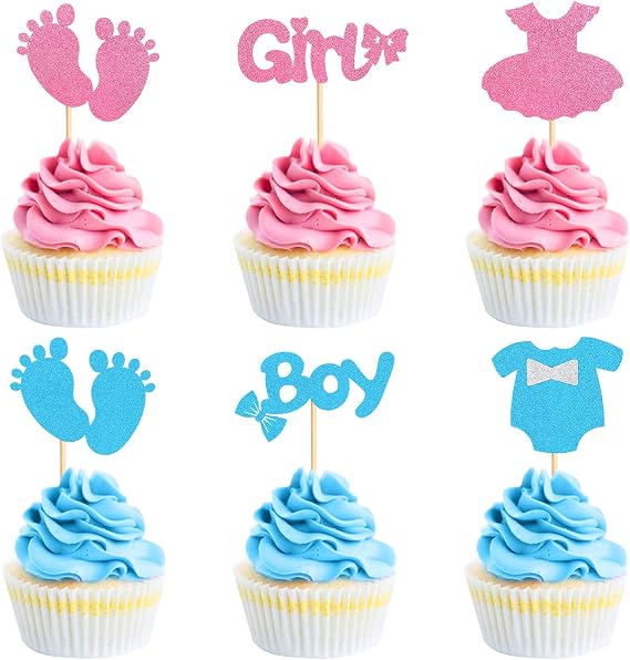 36Pcs Boy or Girl Cupcake Toppers Pink Blue Clothes Onesie Baby Feet Cupcake Picks for Gender Reveal Pink or Blue Party Boy or Girl Gender Reveal Newborn Baby Birthday Cupcake Decorations