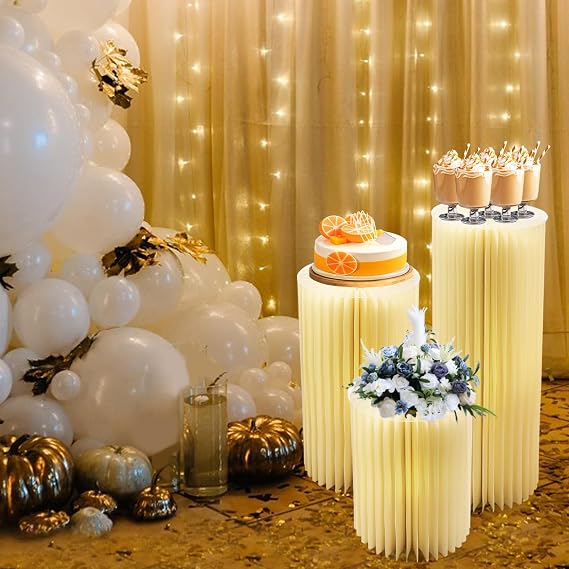 3 PcsFoldable Accordion Cylinder Cardboard Column with Lights Folding Pillar Pedestal Box Paper Display Cardboard Vases Flowers Stand Dessert Table Columns Display with Lid for Party Celebration
