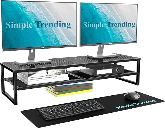 Simple Trending 2-Tier Dual Monitor Stand with Mouse Pad, Metal, Black | 32"W x 10"D x 7"H. Mesh cooling. Holds 100 lbs. Bottom tier fits keyboard & Xbox. Non-slip base. Free mouse pad.