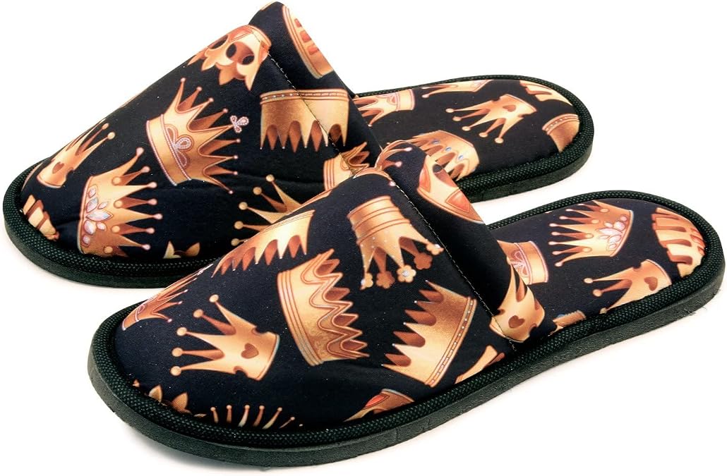 Men Crown Home Slippers Black Gold Lightweight Silent Walk Size 8 to 10