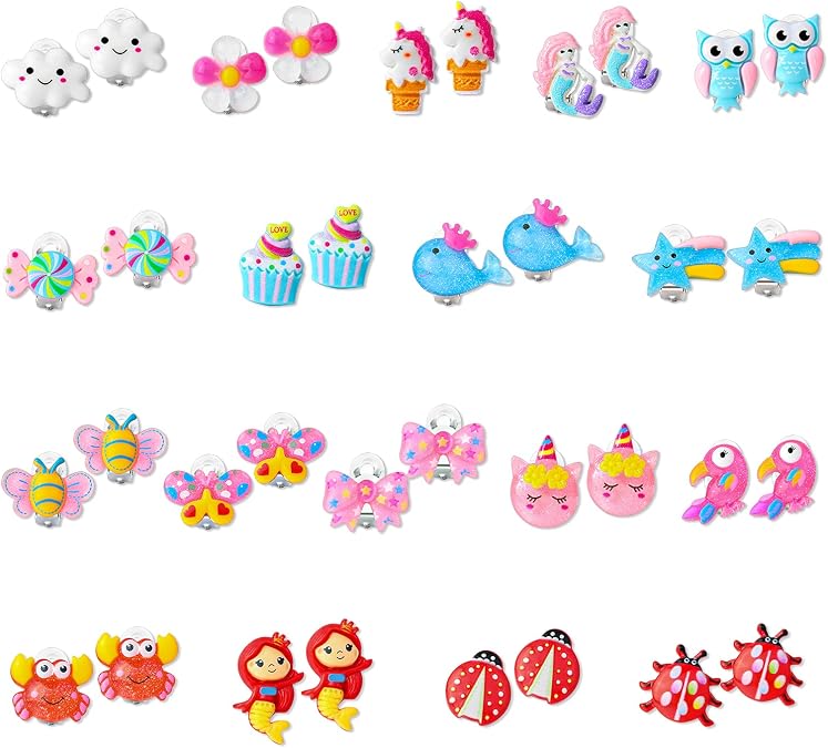 Hifot 16 Pairs Clip on Earrings Girls, No Pierced Design Earrings Dress up Pretend Princess Play Jewelry Accessories for Kids