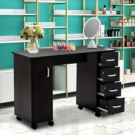 Manicure Nail Table Station with Wheels,Manicure Table Nail Beauty Spa Salon Desk Workstation w/4 Drawers,1 Cabinet,Nail Art Desk Workstation(Black)