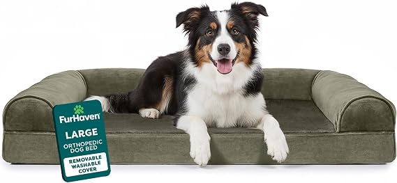 Furhaven Orthopedic Dog Bed for Large/Medium Dogs w/ Removable Bolsters & Washable Cover, For Dogs Up to 55 lbs - Faux Fur & Velvet Sofa - Dark Sage, Large