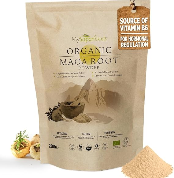 MySuperfoods Organic Maca Root Powder 200g, Grown Above 3,500m in Peru | Source of vitamin B6, which contributes to the regulation of hormonal activity. Naturally malty, milled whole. 40 servings.
