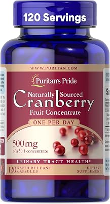 Puritans Pride Naturally Sourced Cranberry One Per Day Fruit Concentrate 500mg, 50:1 Dietary Supplement for Urinary Tract Support, 4 Month Supply, 120 Rapid Release Capsules