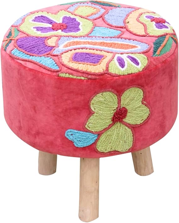 Pink Velvet Embroidered Round Footstool 16" Handcrafted Floral Foot Stool with Removable Washable Cover Soft Cotton Velvet Boho Accent Stool for Bedroom & Living Room Elke