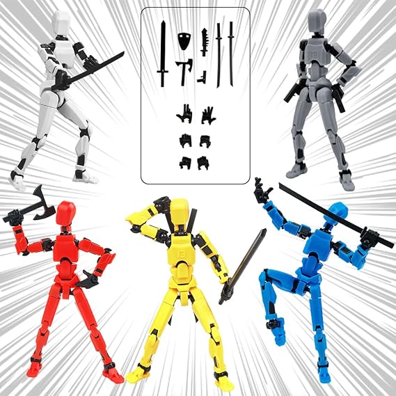 5Pcs T13 Action Figure Set Titan Dummy Lucky T 13 3D Printed Model Figures | T-13 Plastic Robot Movable Anime Stop Motion Figurine Articulated Movie Poseable Boys Kids Toys with 3 Hands
