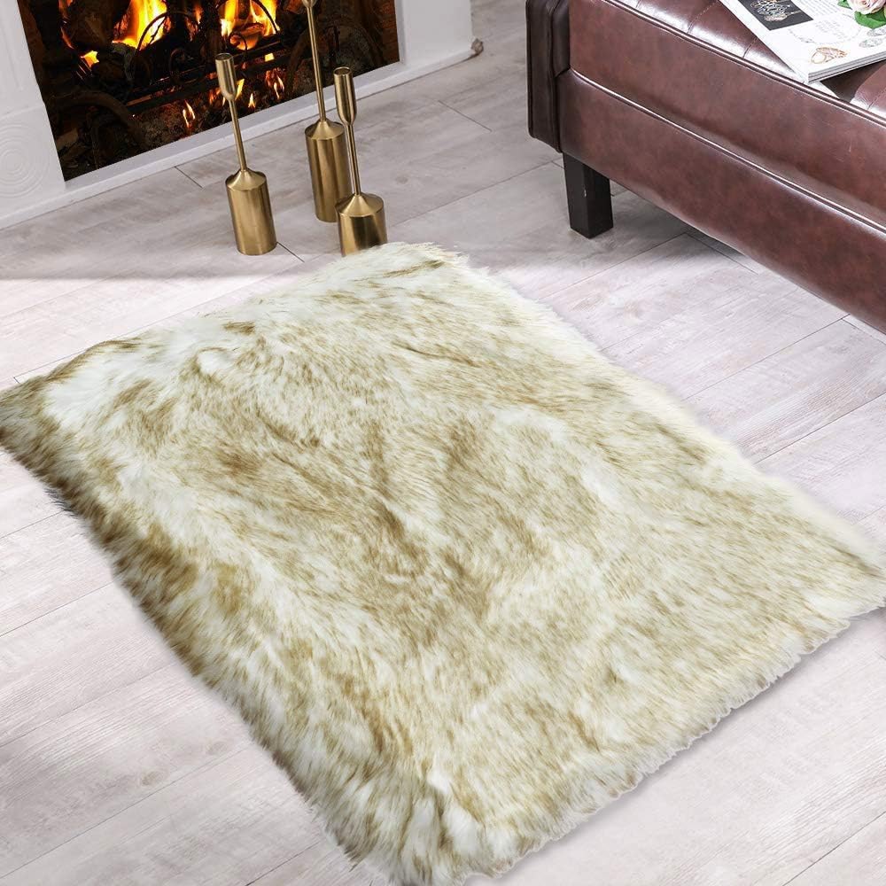 Carvapet 2x3 Faux Sheepskin Area Rug Fluffy White with Brown Tips Shaggy Carpet, Soft Rectangle Bedside Mat for Bedroom Living Room Chair Sofa Decor