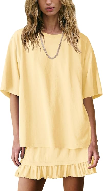 Panadila Women 2 Piece Skirt Sets Short Sleeve Tops Flowy Skirts | Summer Matching Sets, Lounge Set, Beach Vacation Outfits, Mini Skirts, Going Out, Crew Neck, Oversized Tshirts, Pleated Skirt